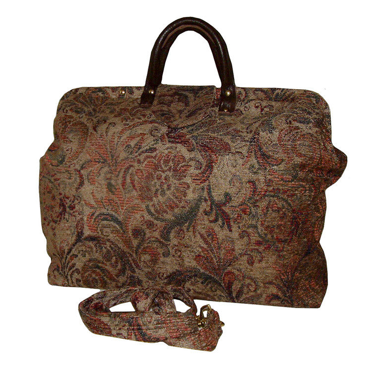 RED & GREEN SWIRLING FLORAL CHENILLE CARPET BAG