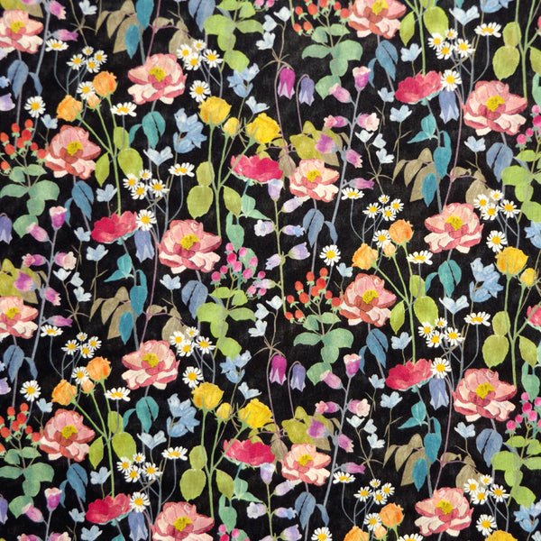 BLACK & MULTICOLOR FLORAL 'FAIRYTALE FOREST' LIBERTY LAWN COTTON HANDKERCHIEF