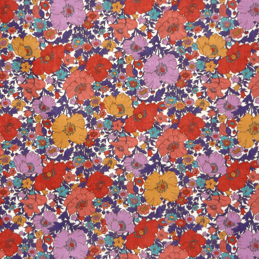 CORAL & LILAC FLORAL 'MEADOW SONG' LIBERTY LAWN COTTON HANDKERCHIEF