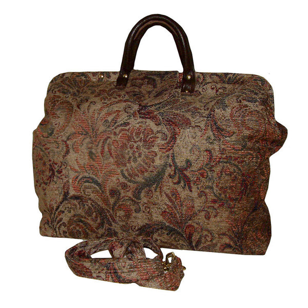 RED & GREEN SWIRLING FLORAL CHENILLE CARPET BAG