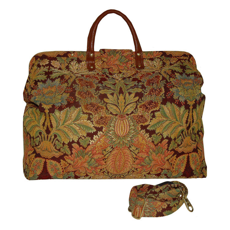 BURGUNDY FLORAL MEDALLION TAPESTRY CARPET BAG