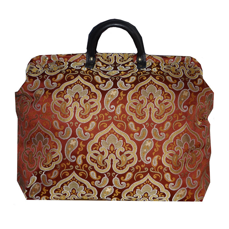 GOLD & SAGE MEDALLION ON RED SATEEN TAPESTRY CARPET BAG